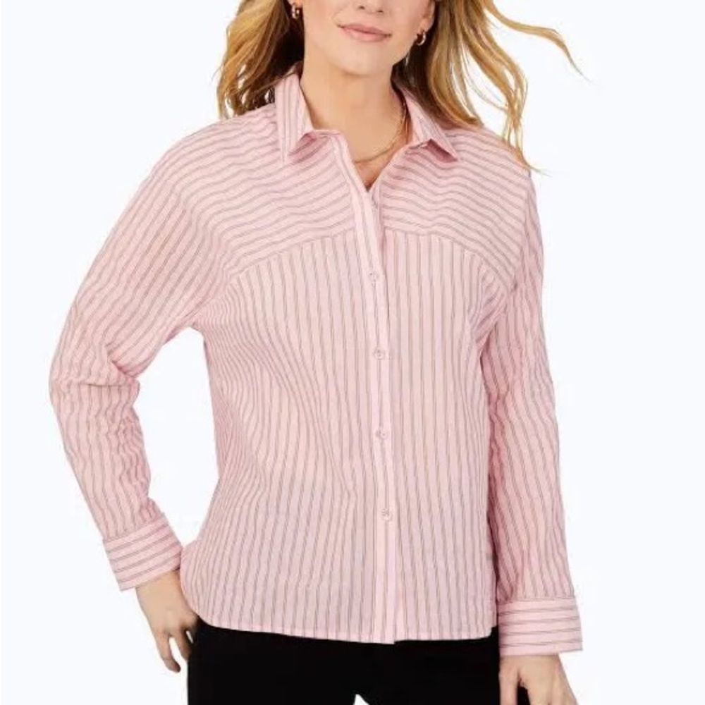 Foxcroft Cotton Metallic Stripe Button Down Shirt